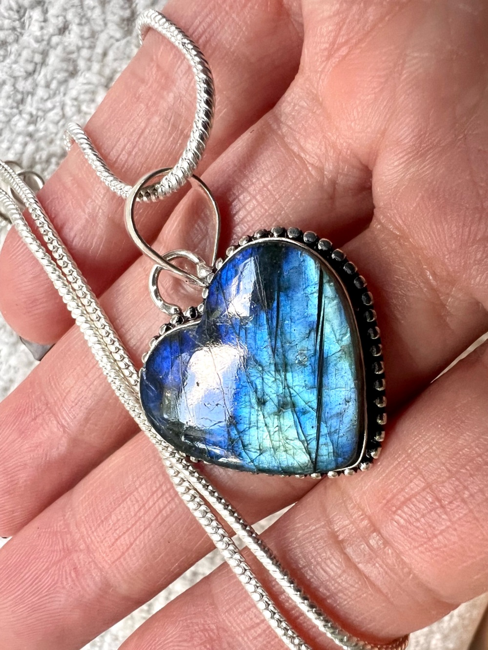 925 Blue Tempest Heart ❤️ Flash Labradorite Pendant Necklace
